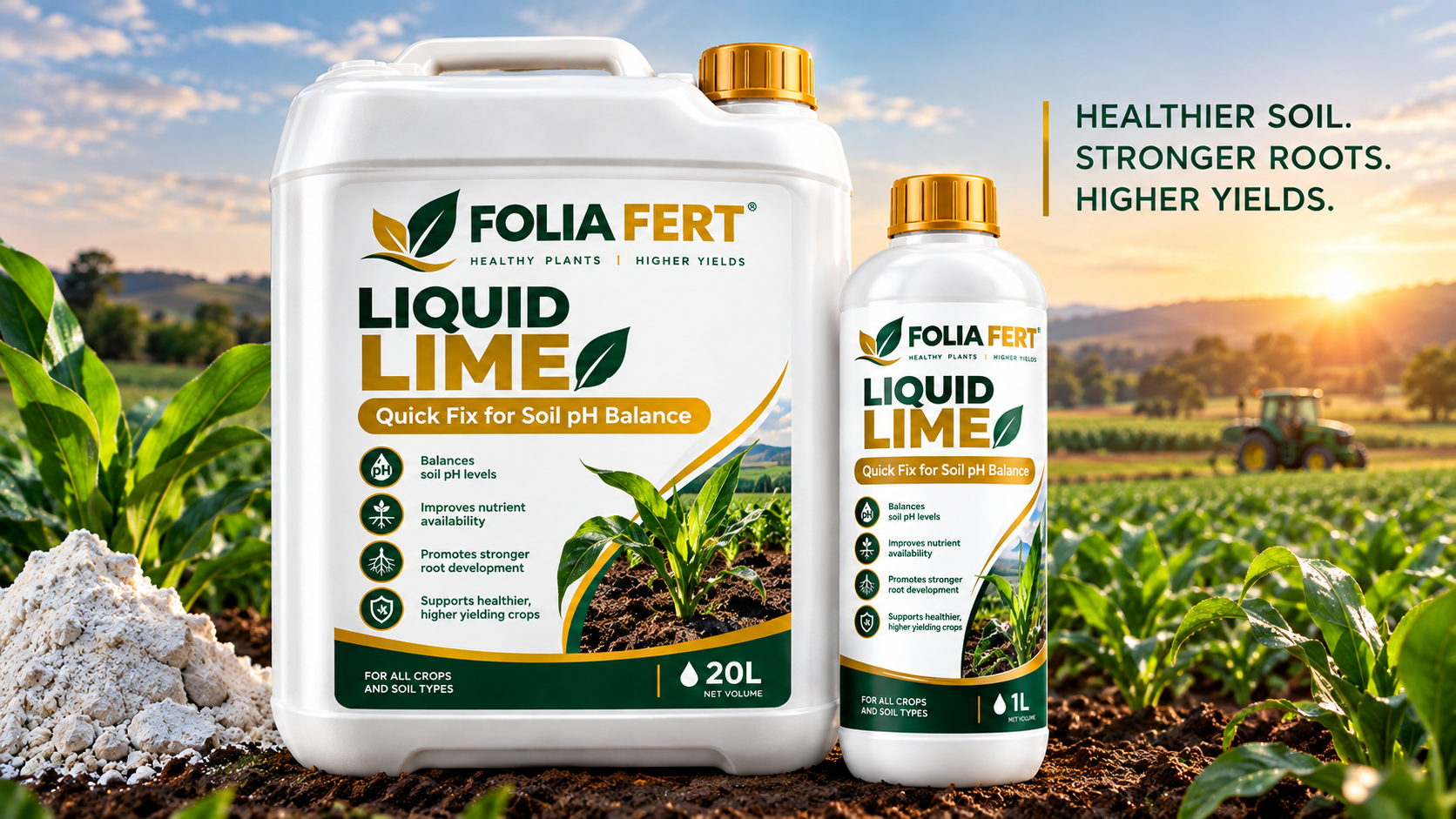 FOLIA FERT Liquid Lime in 20 litre and 1 litre containers in a crop field