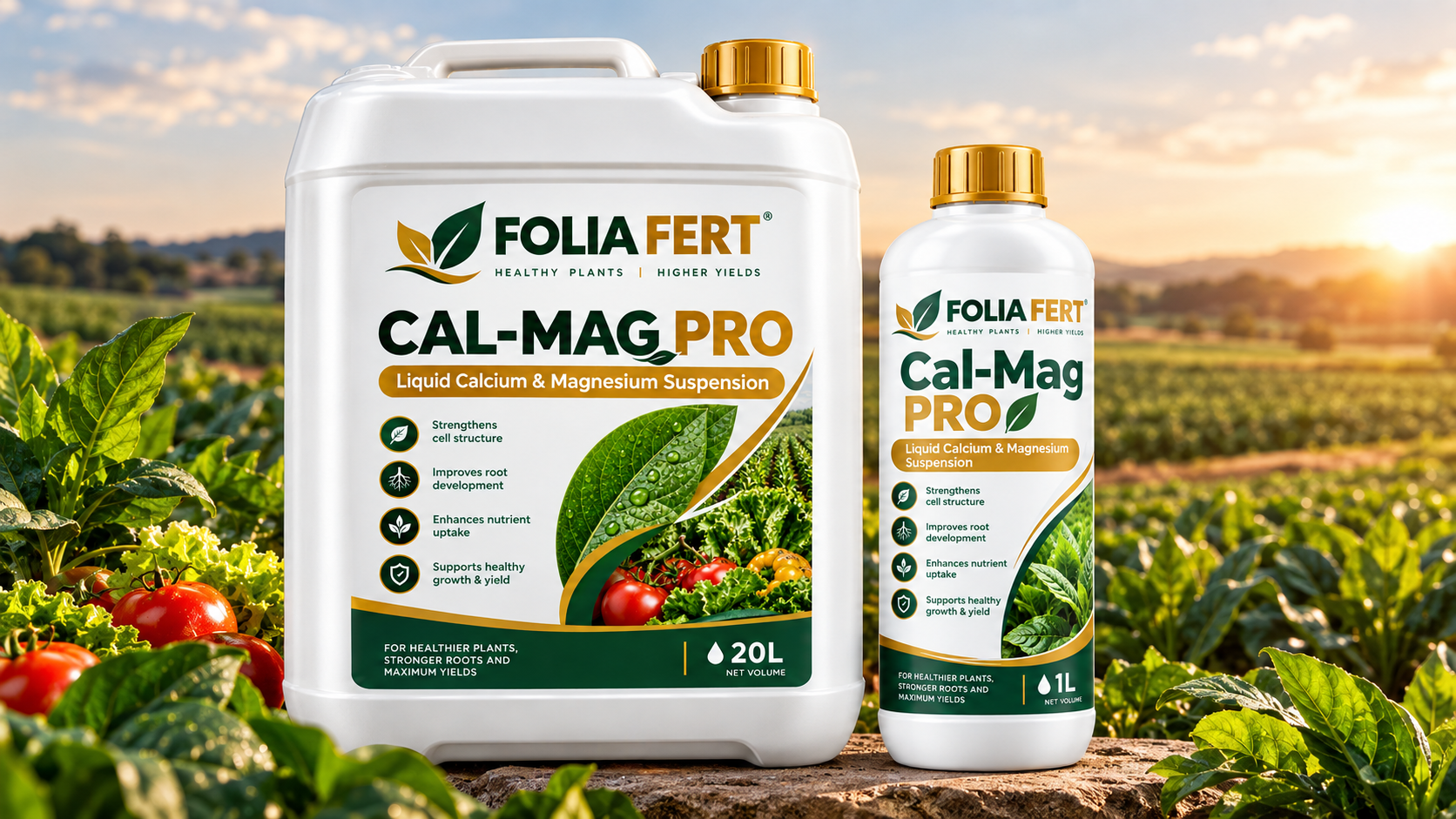 FOLIA FERT Cal-Mag Pro in 20 litre and 1 litre containers in a crop field