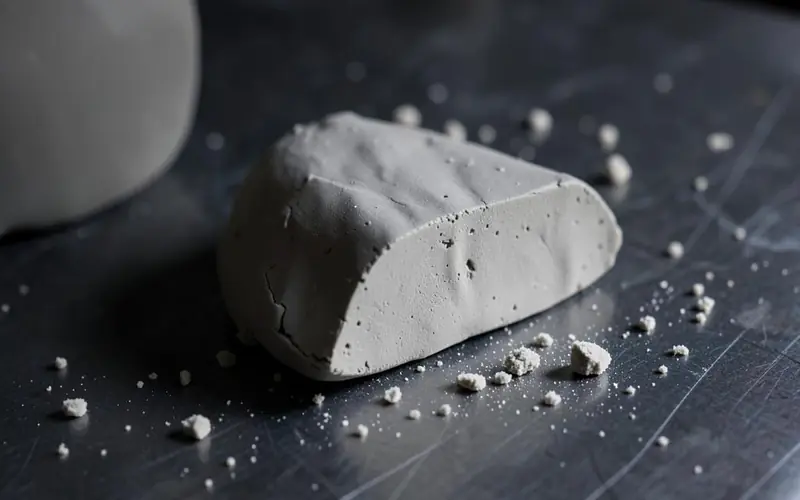 Close-up of a cut wedge of plastic pale grey ball clay with crumbs around it