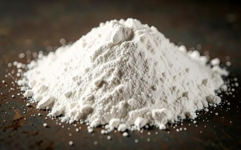 Close-up of fine white calcitic agricultural lime powder heaped on a dark steel surface