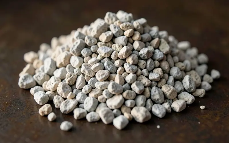 Close-up of pale grey dolomitic lime granules, crushed carbonate grains in a heap