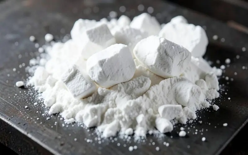 Close-up of bright white kaolin china clay lumps and fine powder
