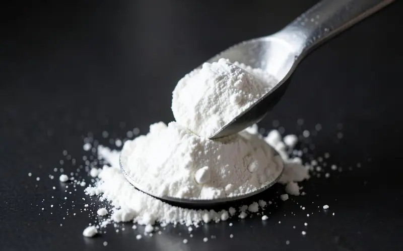 Close-up of fine feed-grade calcium carbonate powder in a stainless steel scoop