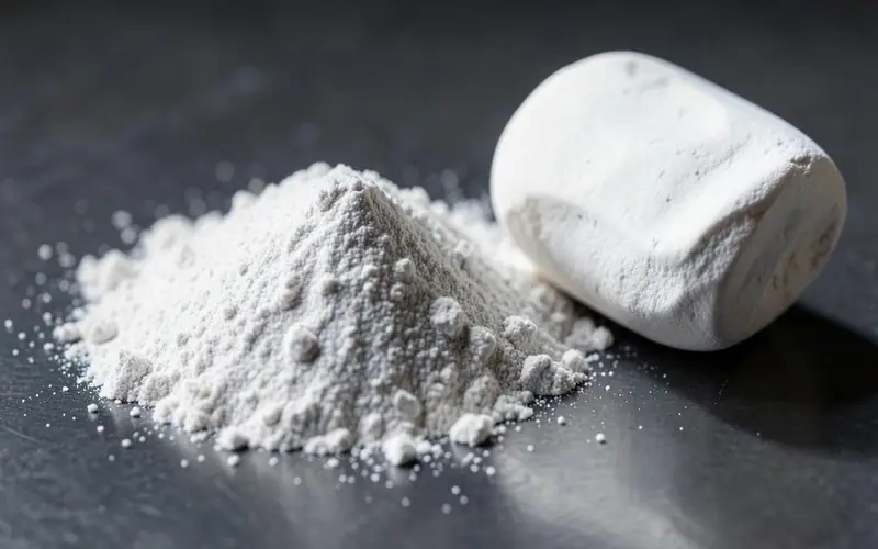 Close-up of silky pale talc powder beside a smooth block of talc mineral