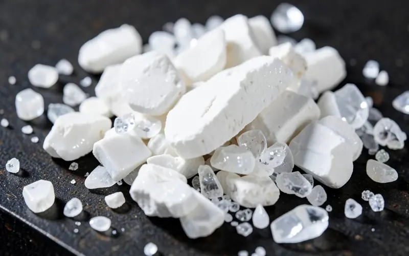 Close-up of bright white high-purity dolomite chips with crystalline faces