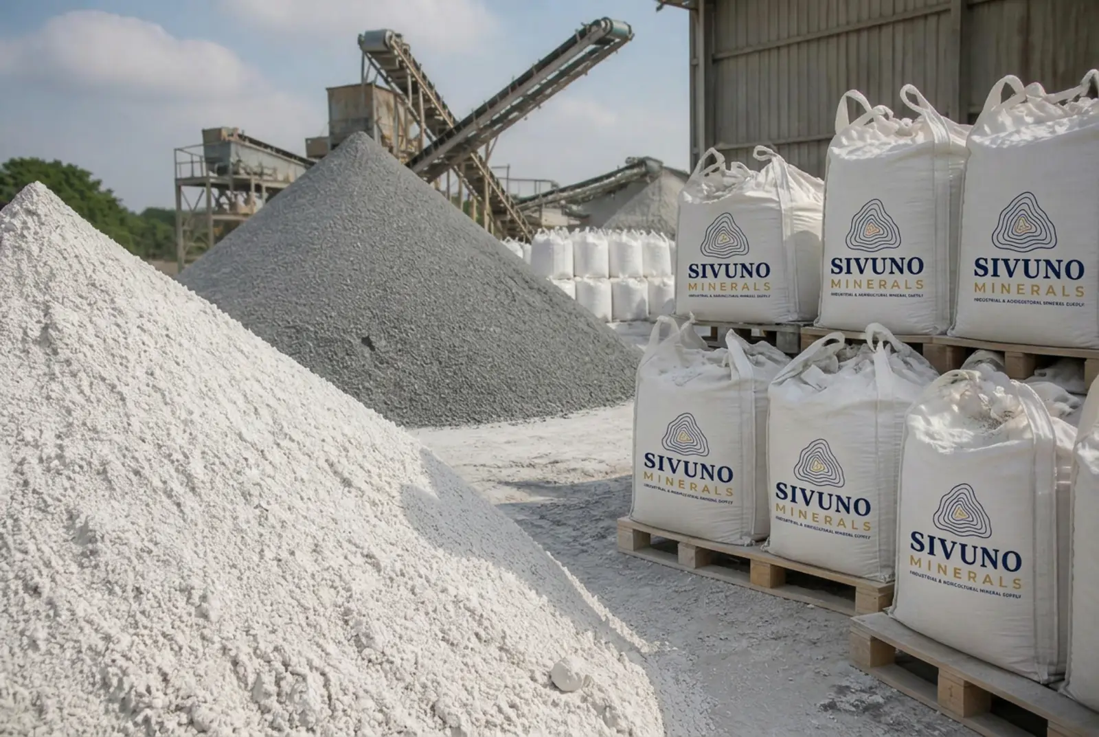 SIVUNO Minerals branded one-tonne bulk bags staged beside mineral stockpiles at a processing yard